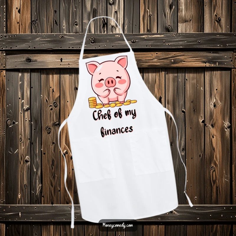 Funny piggy bank apron featuring a happy character counting coins, adding humor to kitchen tasks.