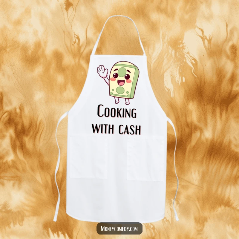 Funny Kawaii Dollar Bill Apron showing a cheerful dollar bill character waving, perfect for keeping clothes clean while cooking.
