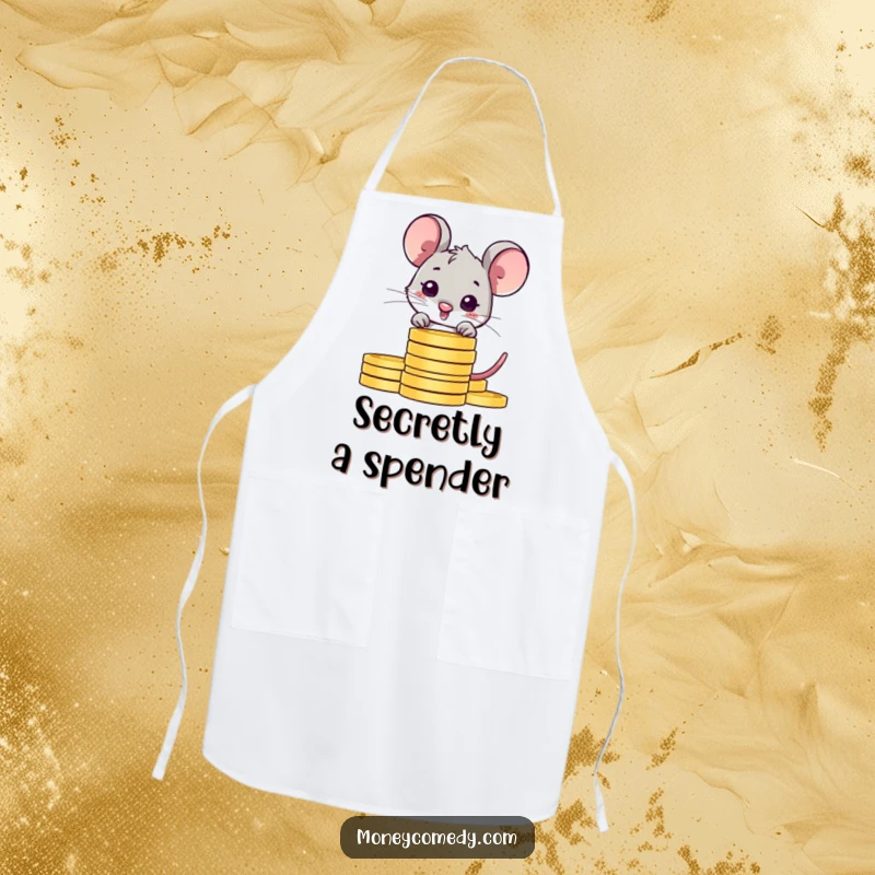 Funny shy mouse apron featuring a shy character peeking from behind coins, adding humor and charm to kitchen tasks.