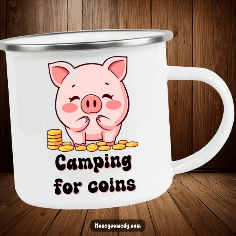 Funny piggy bank camping mug featuring a happy counting coin character, perfect for enjoying drinks outdoors humorously.