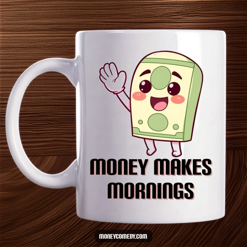 Funny Kawaii Dollar Bill Mug featuring a happy dollar bill character exuberantly waving, bringing joy and money vibes.