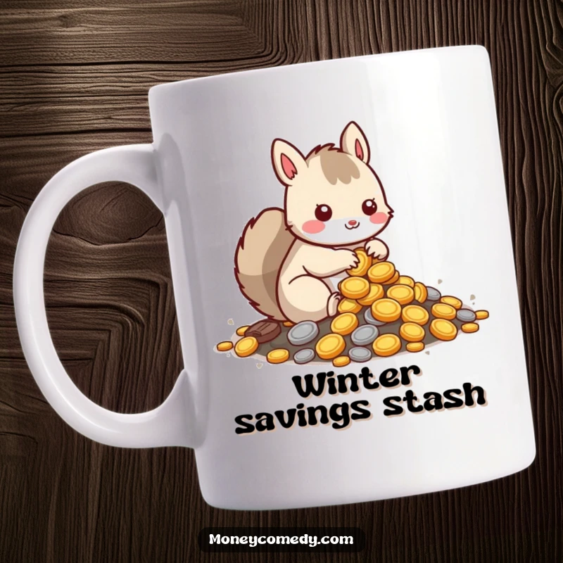 Funny squirrel mug with a kawaii character busily burying coins in a pile, symbolizing saving and cuteness.