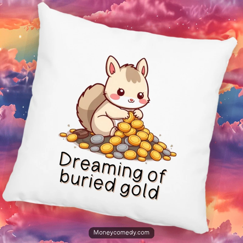 Funny squirrel pillow with a kawaii character burying coins, offering whimsical comfort and a humorous touch.