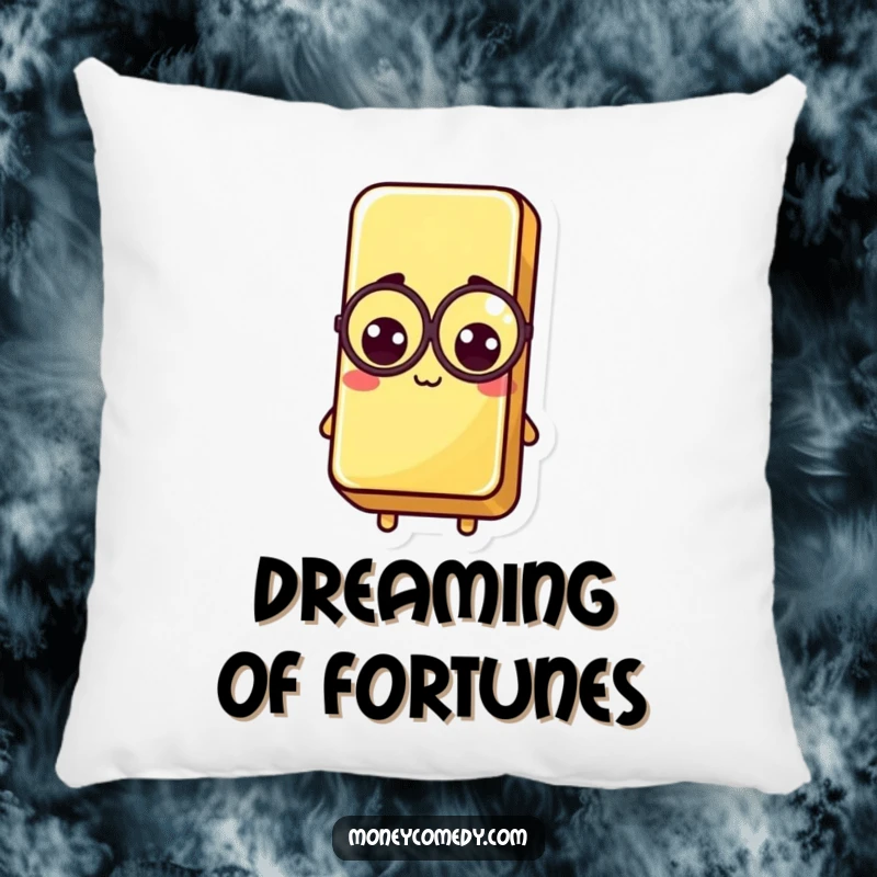 Funny Kawaii Gold Bar Pillow featuring a soft, luxurious gold bar character wearing a monocle, perfect for cozying up.