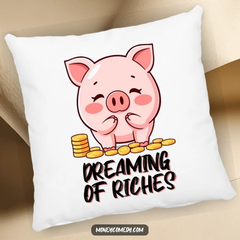 Funny piggy bank pillow with a happy character counting coins, offering whimsical comfort and financial charm.