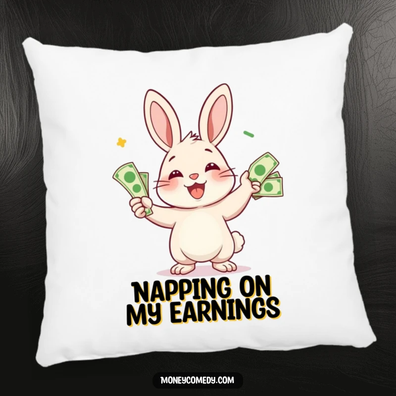 Funny rabbit pillow with a smiling character juggling bills, offering whimsical comfort and financial humor.