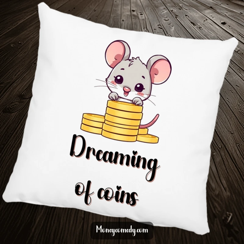 Funny shy mouse pillow with a shy character peeking from behind coins, offering whimsical comfort and a humorous touch.