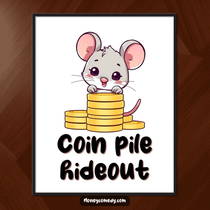 Funny shy mouse digital art print showing a shy character peeking from behind coins, perfect for instant, humorous decor.