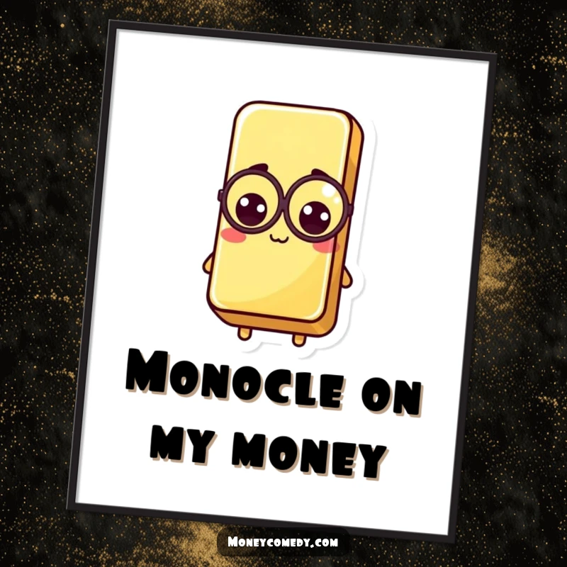 Funny Kawaii Gold Bar Digital Art Print showing a stylish gold bar with a monocle, ready for immediate download.