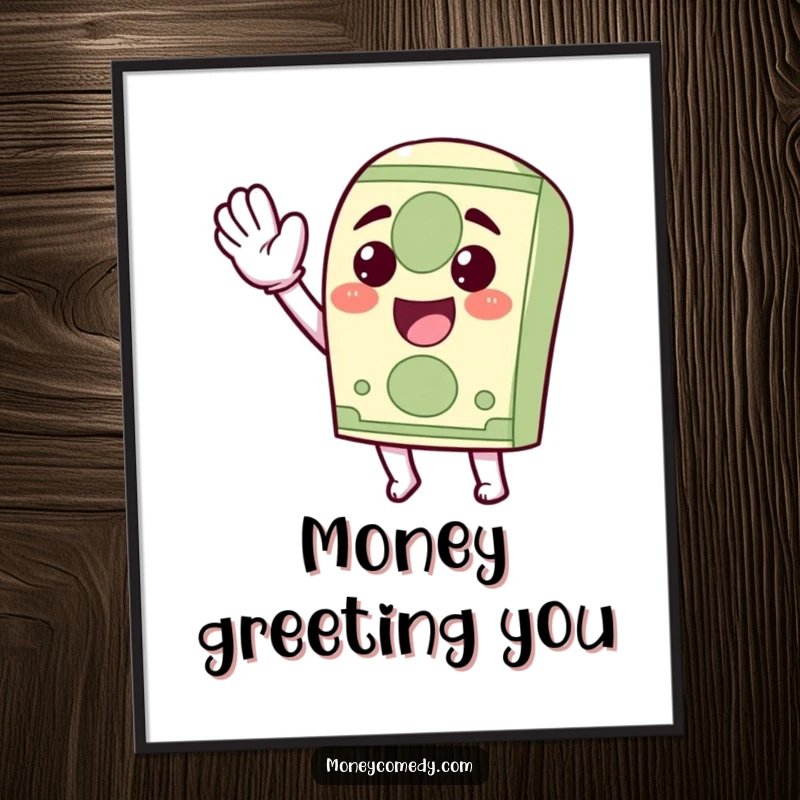 Funny Kawaii Dollar Bill Digital Art Print showing a happy dollar bill character waving, ready for immediate download.