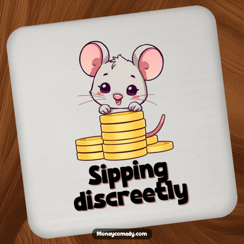 Funny shy mouse drink coasters featuring a shy character peeking from behind coins, adding whimsical humor to tabletops.