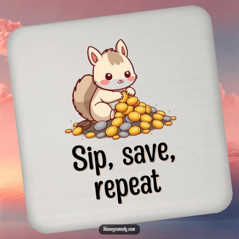 Funny squirrel drink coasters featuring a kawaii character burying coins, adding whimsical humor to tabletops.