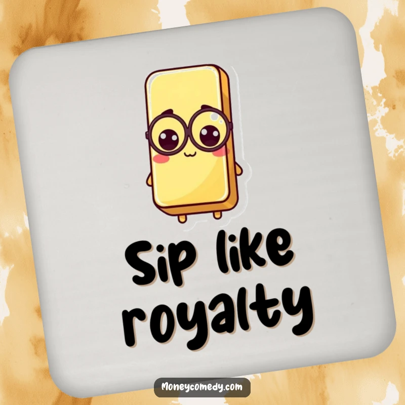 Funny Kawaii Gold Bar Drink Coaster featuring a dapper gold bar with a monocle, protecting surfaces with elegance.