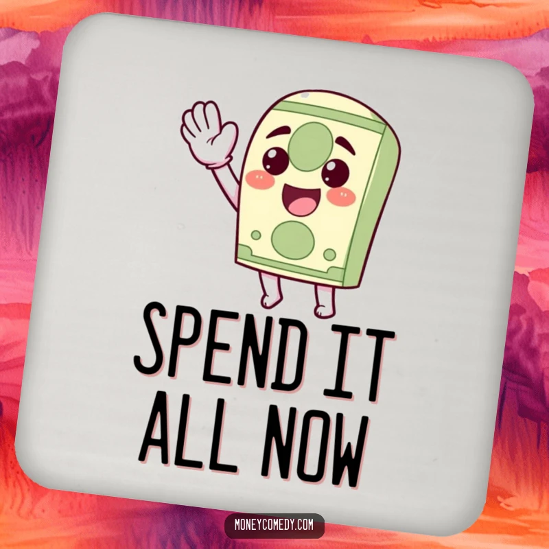 Funny Kawaii Dollar Bill Drink Coaster featuring a happy dollar bill character waving, protecting surfaces with cheer.