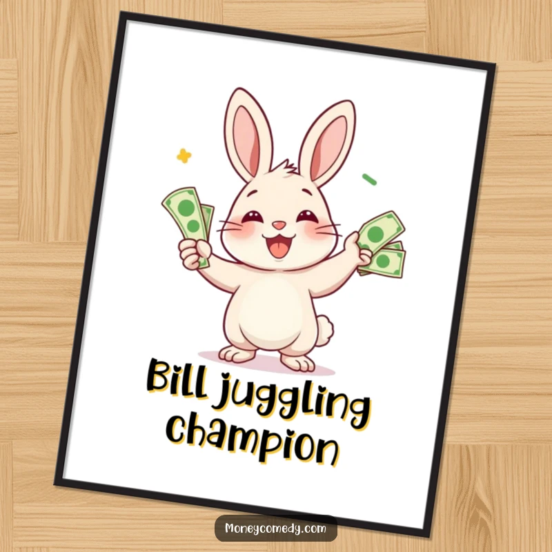 Funny rabbit poster showcasing a smiling character juggling bills, ideal for adding whimsical financial humor to walls.