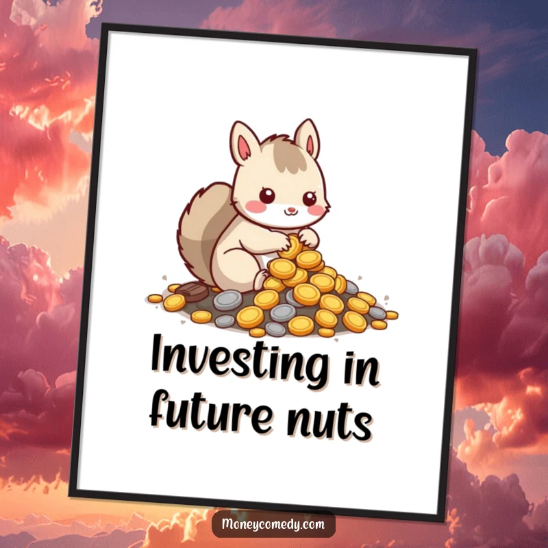 Funny squirrel poster showcasing a kawaii character burying coins, ideal for adding whimsical, humorous decor.