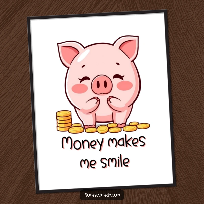 Funny piggy bank poster featuring a cute character happily counting coins, adding a touch of financial humor to walls.