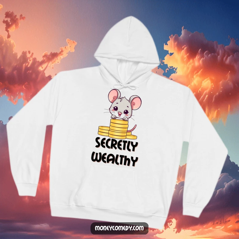 Funny shy mouse hoodie with a shy character peeking from behind coins, offering warmth and a charmingly humorous theme.