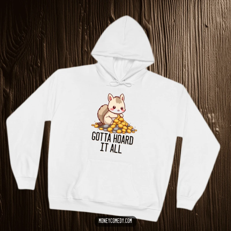Funny squirrel hoodie with a kawaii character burying coins, offering warmth and a charmingly humorous theme.