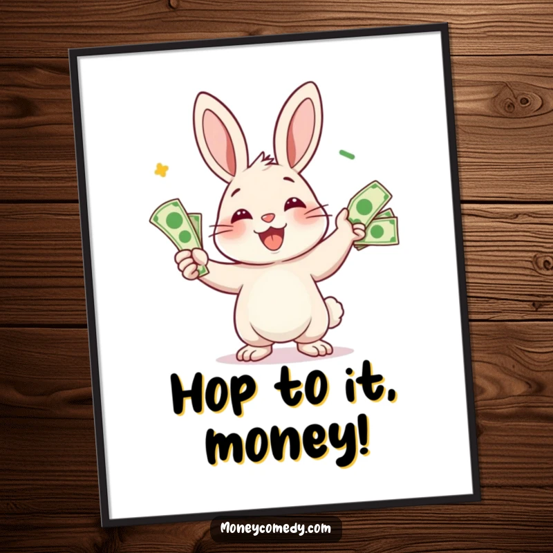 Funny Free Printable Rabbit Wall Art: Smiling rabbit character juggling a handful of bills, creating lively, downloadable decor.