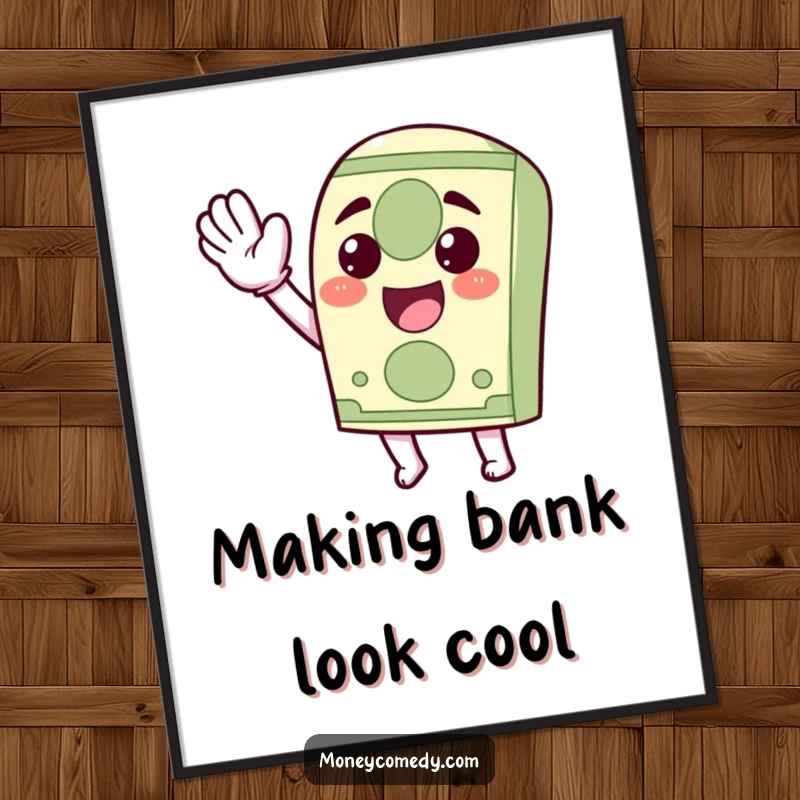 Funny Free Printable Wall Art of a kawaii dollar bill character waving exuberantly, symbolizing prosperity and joy.