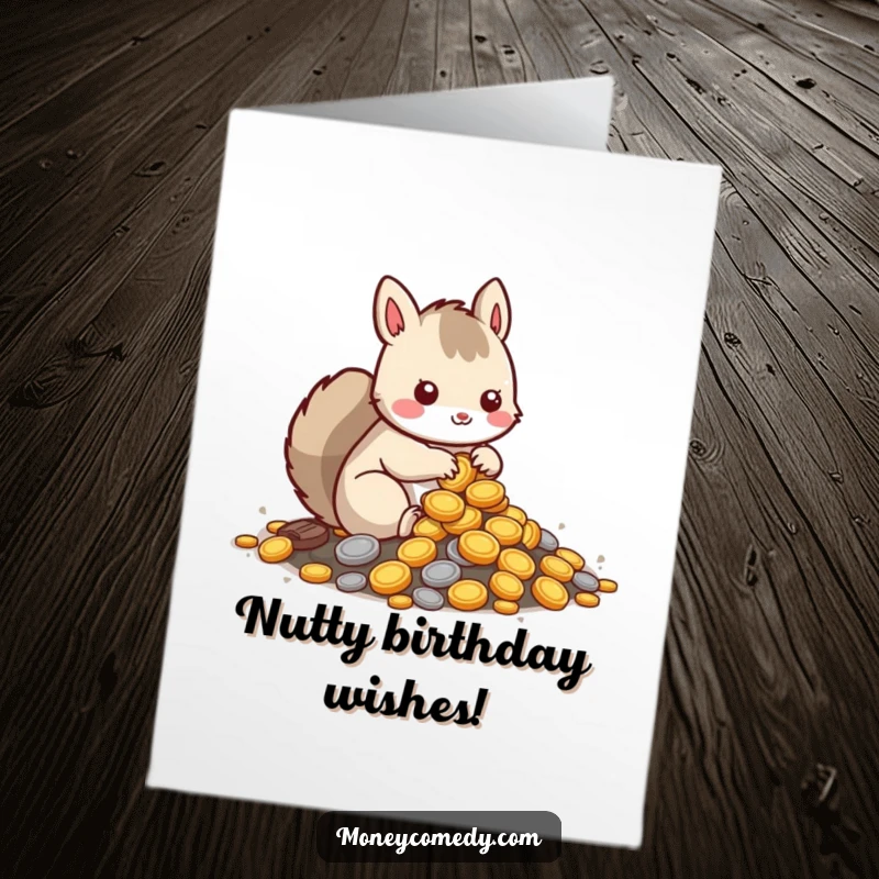 Funny Free Printable Squirrel Birthday Card: Cute kawaii squirrel burying acorns (coins) in a pile, wishing a happy birthday with joy.