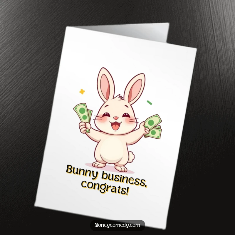 Funny Free Printable Rabbit Congratulations Card: Smiling rabbit character juggles a handful of bills, celebrating big wins with exuberant joy.