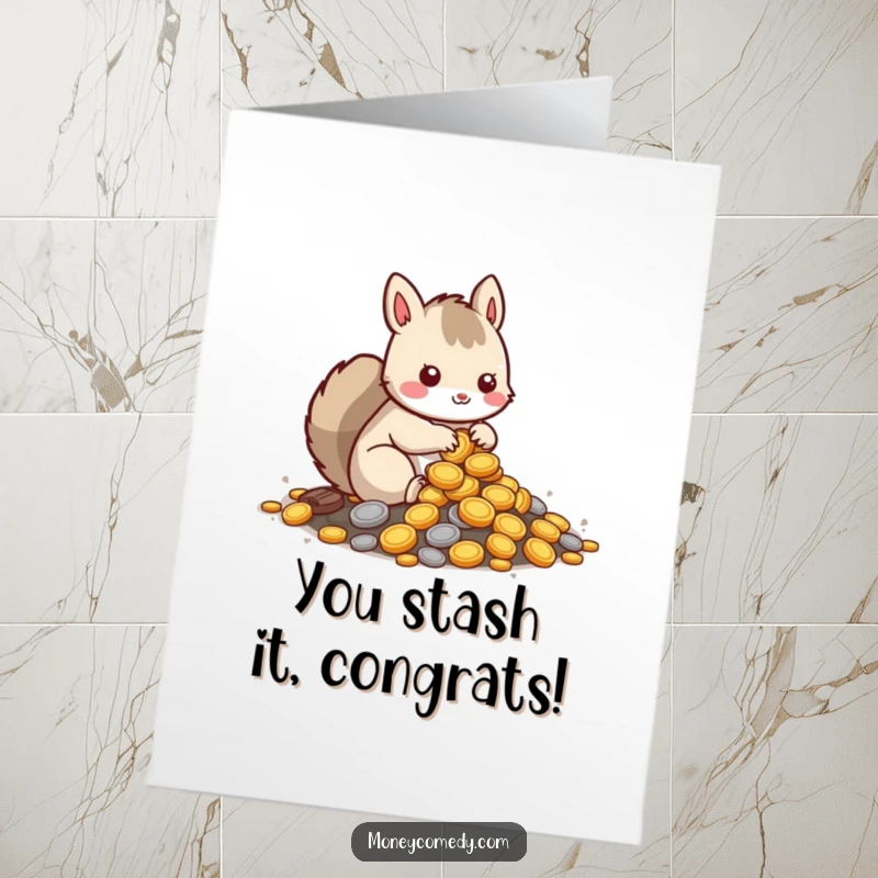 Funny Free Printable Squirrel Congratulations Card: Cute kawaii squirrel burying coins in a pile, celebrating achievements with a happy hoard.