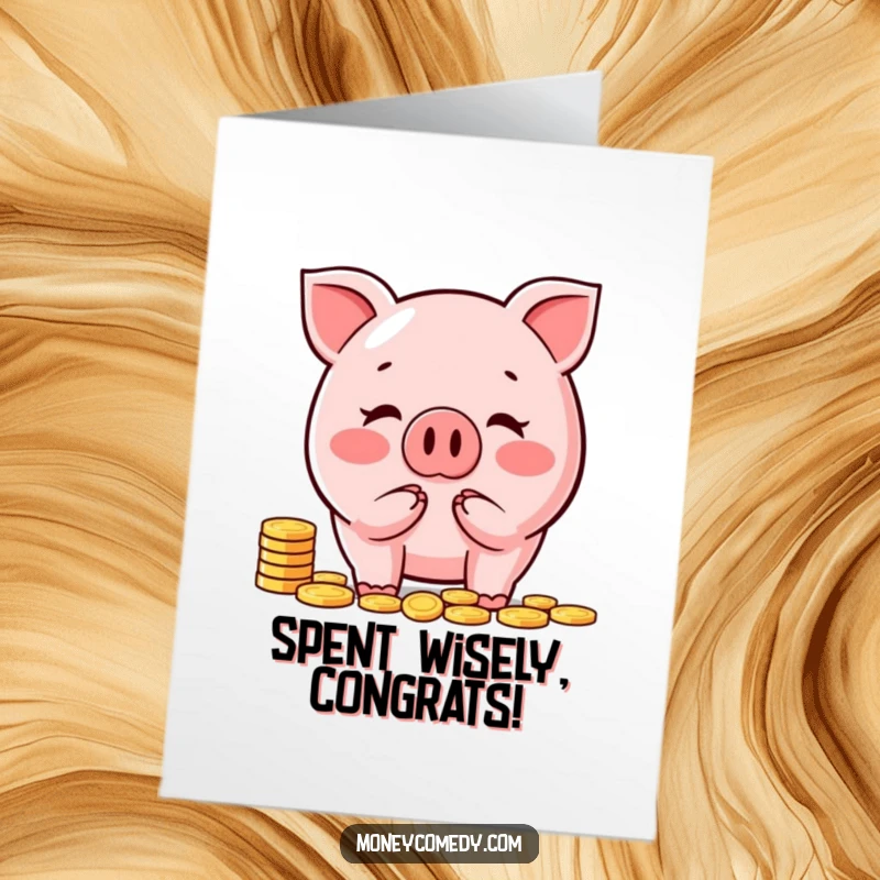 Funny Free Printable Piggy Bank Congratulations Card: A happy piggy bank character gleefully counts coins, celebrating success with a big smile.