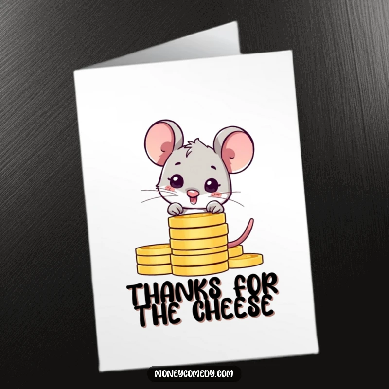 Funny Free Printable Mouse Thank You Card: Shy mouse peeking from behind coins, expressing gratitude with a shy, endearing gesture.