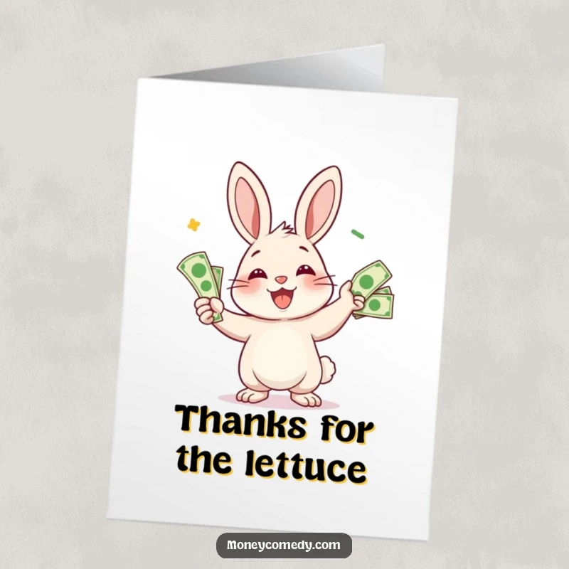 Funny Free Printable Rabbit Thank You Card: Smiling rabbit juggling bills, expressing thanks with a dynamic and humorous flair.