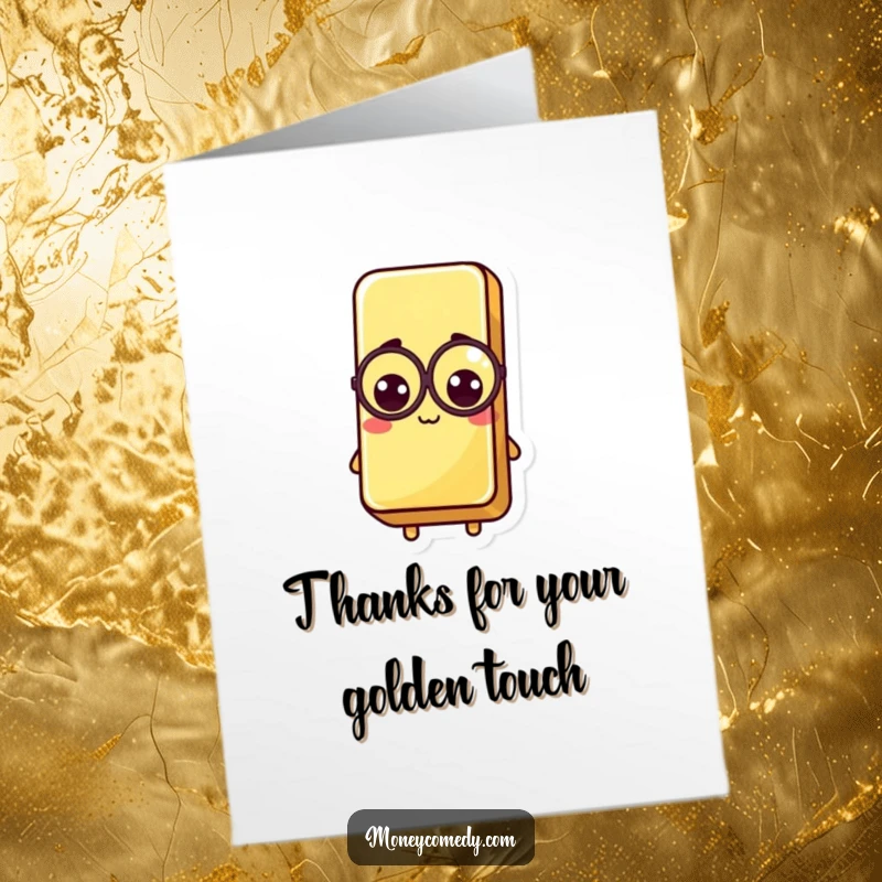 Funny Free Printable Thank You Card featuring a kawaii gold bar with a monocle, conveying refined gratitude.