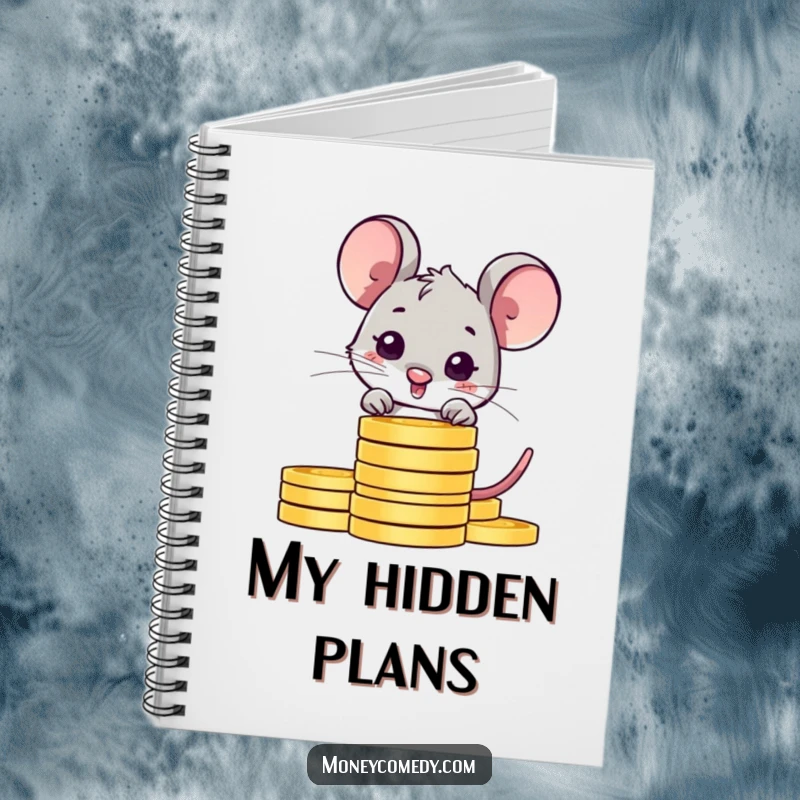 Funny shy mouse notebook with a shy character peeking from behind coins, perfect for jotting down notes and valuable ideas.
