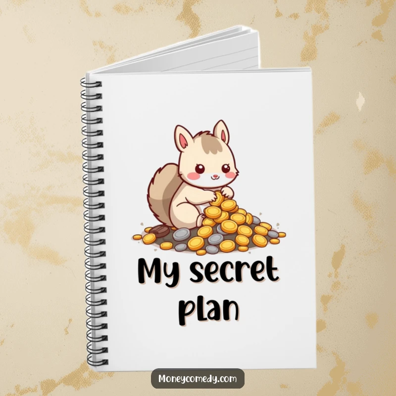 Funny squirrel notebook with a kawaii character burying coins, perfect for jotting down notes and brilliant ideas.