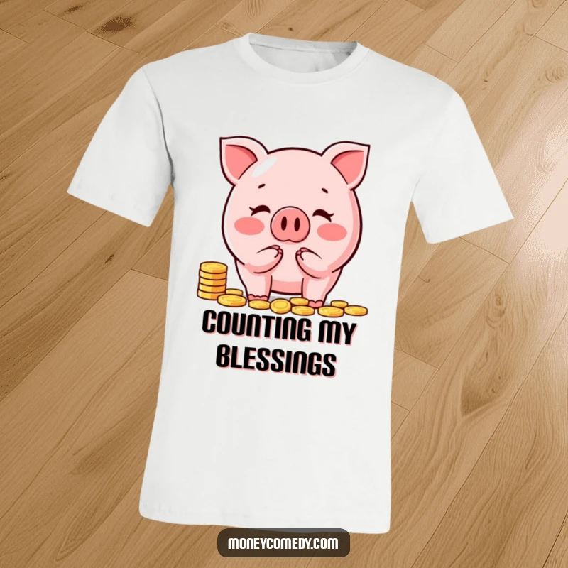 Funny piggy bank t-shirt featuring a cute character joyfully counting coins, perfect for finance enthusiasts.