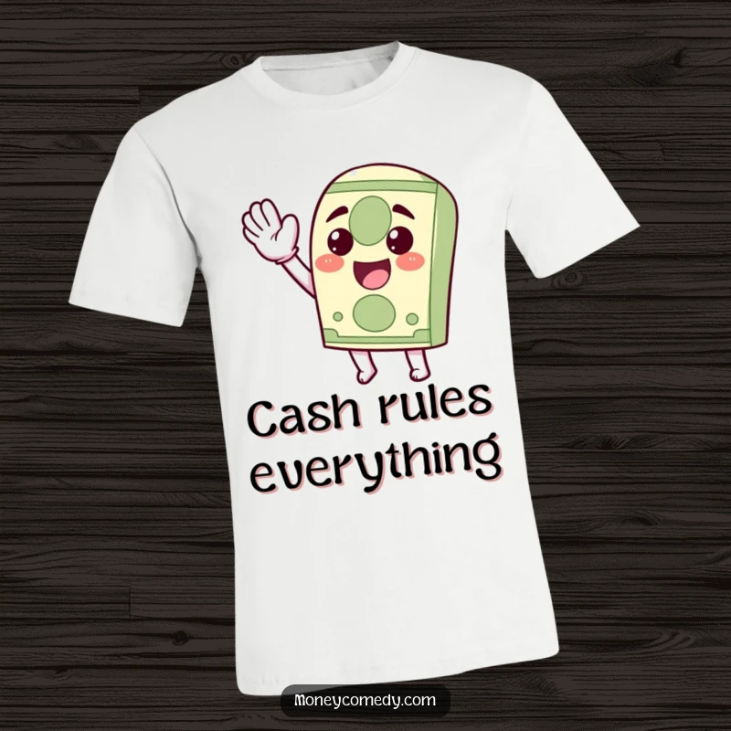Funny Kawaii Dollar Bill T-Shirt showing a jubilant dollar bill character waving energetically, radiating positivity and wealth.