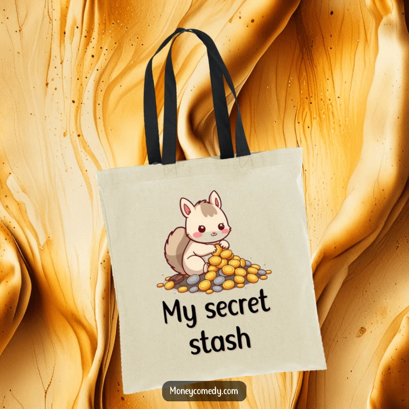 Funny squirrel tote bag featuring a kawaii character burying coins, perfect for carrying items with a touch of humor.